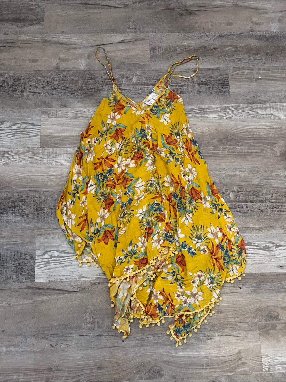 Yellow Floral Pom-Trim Spaghetti Strap Romper